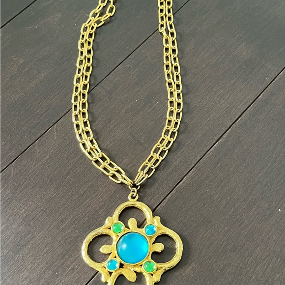Statement Gold Tone necklace with medallion & teal and gold stone accents. - Picture 2 of 3